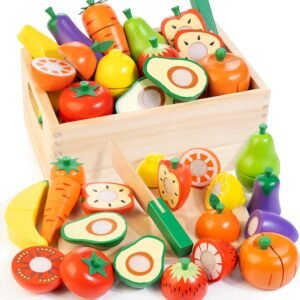 Wooden Play Food for Toddlers, Fruit and Veggies Cutting Set for Kids, Pretend Food Play Kitchen Accessories for 3 4 5 6 7 Years Old Boys & Girls