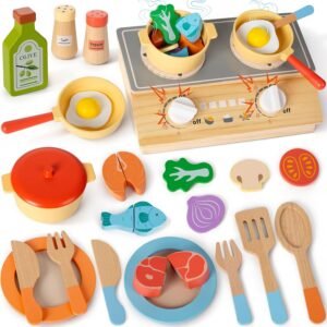 Wooden Play Kitchen Accessories Cooking Set, Kids Pots and Pans Playset with Storage Stove, Pretend Play Wooden Kitchen Toys for Toddlers, Gifts for 3 4 5 Years Old Girls Boys