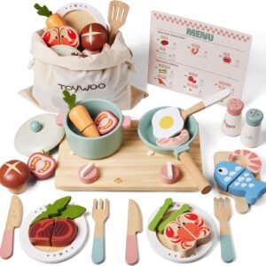 Wooden Play Kitchen Accessories Pretend Toy Pots and Pans Sets for Kids Kitchen Playset with Toy Stove Toddler Cooking Sets Food Toys for Toddlers 3-5 Gifts for Girls Boys (Wooden Cooking Set)