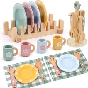 Wooden Play Kitchen Accessories Set with Detachable Dish Rack and Utensil Holder - Complete Set for Toddlers 3-5, Includes Plates and Cups, Colorful Cutlery for Pretend Play, Ideal Gift