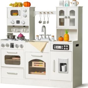 Wooden Play Kitchen for Toddlers and Kids with Lights & Sounds, Large Interactive Pretend Play Set with Ice Maker, Stove, Sink, Oven, 12 Accessories - Ages 3-8