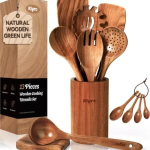 Wooden Spoons for Cooking, Nonstick Kitchen Utensils Set with 4 Piece Measuring Spoons, Comfort Grip Wooden Spatula Set, 9 Piece Teak Wooden Cooking Utensils with Holder and Spoon Rest