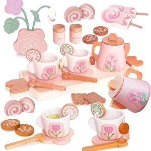 Wooden Tea Set for Little Girls, Pretend Play Tea Party Set Toy with 26 PCS Play Kitchen Accessories, Princess Tea Set Toy, Birthday Gift for Kids 3-5 Years Old, Improve Imagination