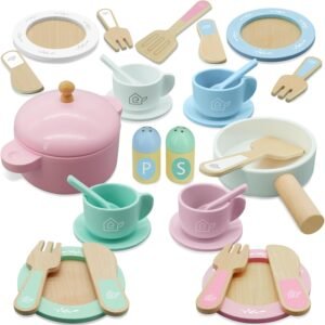 Wooden Toy Plates and Dishes for Kitchen Set, 30PCS Montessori Play Kitchen Accessories for Toddlers with Toy Pots and Pans, Wooden Play Cooking Set for 3-8 Years Girls & Boys