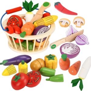 Wooden Vegetable Toys for Children,Pretend Play Food Set for Kid, Magnetic Cutting Kitchen Toy with Picnic Basket,Baby Dinette Accessories for Toddlers Store Grocery,Gift for Girl Boy