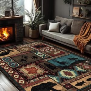 YIHOUSE Rustic Cabin Area Rug 5x7,Machine Washable Lodge Bear Rug,Non-Slip Low Pile Print Pattern Southwestern Rug for Living Room Bedroom