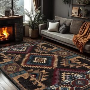 YIHOUSE Rustic Cabin Area Rug for Bedroom 5x7,Machine Washable Lodge Bear Rug,Non-Slip Low Pile Print Pattern Western Rug for Living Room
