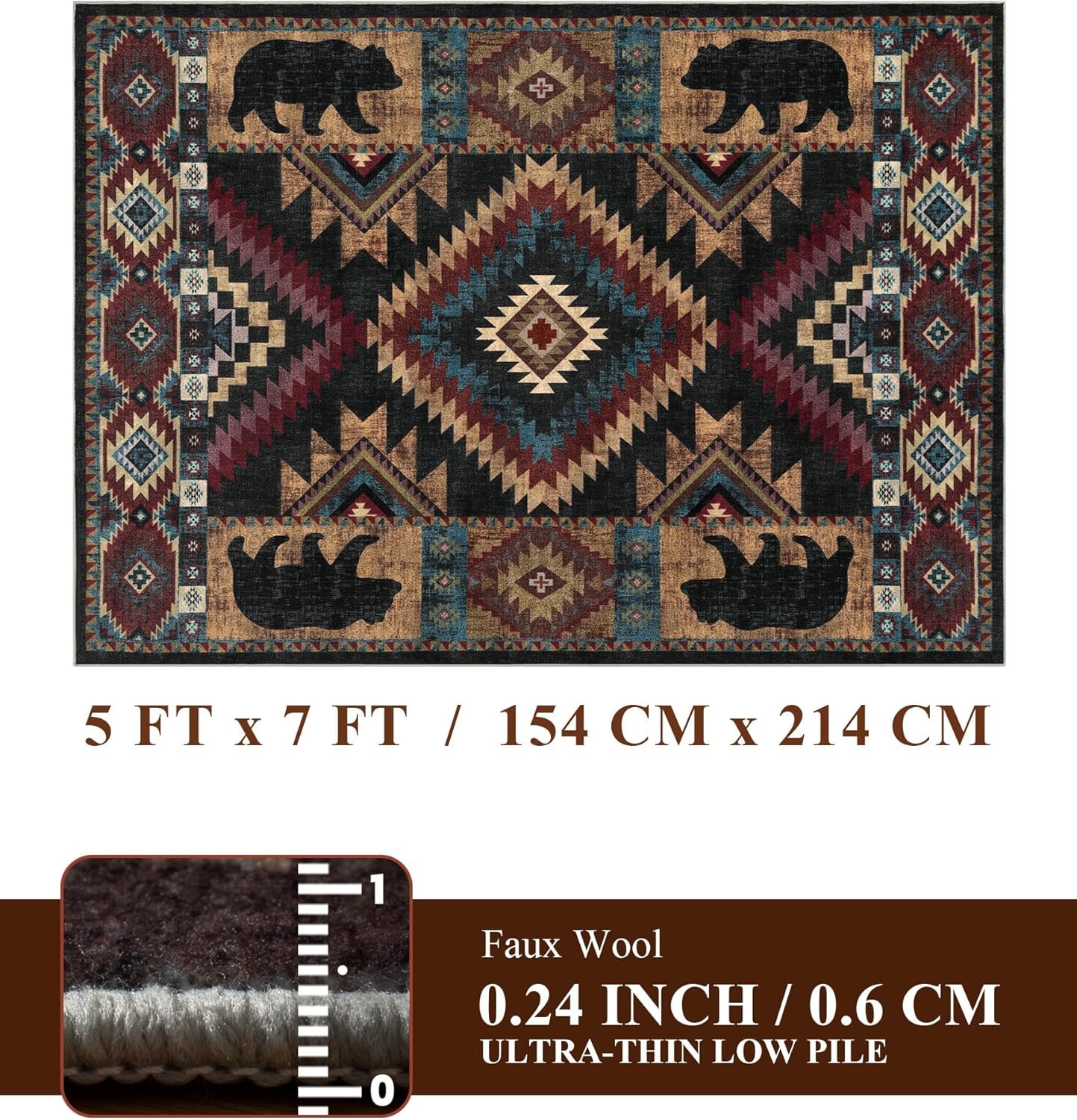 YIHOUSE Rustic Cabin Area Rug for Bedroom 5x7,Machine Washable Lodge Bear Rug,Non-Slip Low Pile Print Pattern Western Rug for Living Room - Image 2