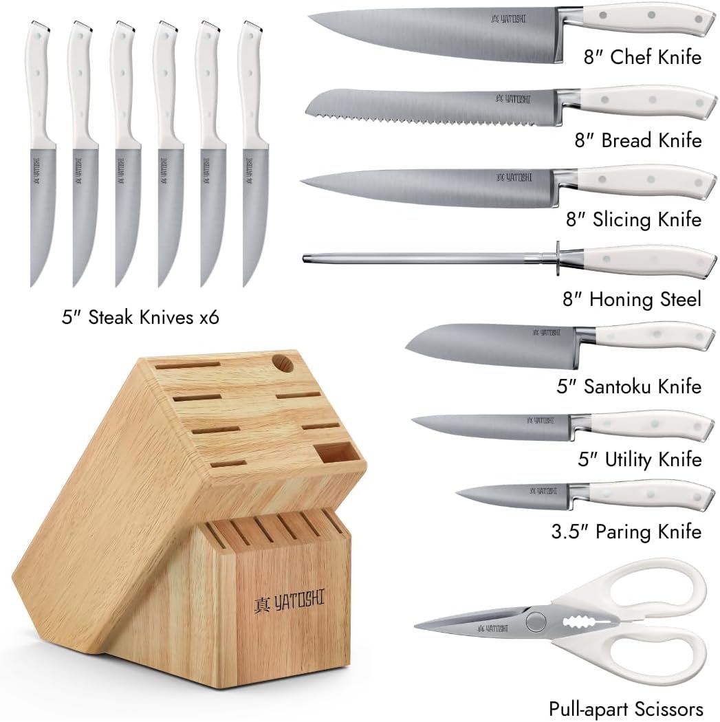 Yatoshi 15 Piece White Knife Block Set - Pro Kitchen Knife Set Ultra Sharp High Carbon Stainless Steel with Ergonomic Handle - Image 2