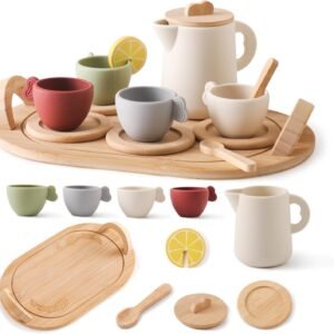 Youuys Wooden Tea Party Set for Toddler 3-5,Kids Tea Sets for Little Girls 4-6, 14pcs Silicone Kitchen Accessories, Pretend Play Montessori Toys with Tray for 3 4 5 6 Year Old Birthday