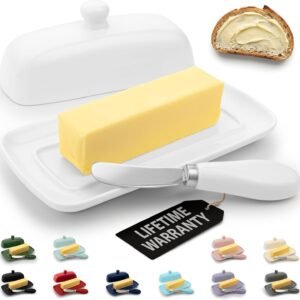 Zulay Kitchen Ceramic Butter Dish with Lid For Countertop & Stainless Steel Knife – Keeps Butter Soft & Fresh – White Butter Dish with Easy-Grip Knob, Durable & Everyday Butter Holder for Home - White