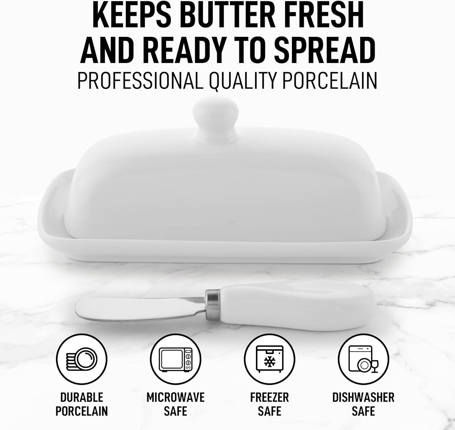 Zulay Kitchen Ceramic Butter Dish with Lid For Countertop & Stainless Steel Knife – Keeps Butter Soft & Fresh – White Butter Dish with Easy-Grip Knob, Durable & Everyday Butter Holder for Home - White - Image 2