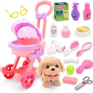 deAO Dog Toys for Kids Girls Boys, Interactive Electronic Puppy Stuffed Dog with Stroller Grooming Care Accessories Toys, Puppy Pet Care Pretend Play Set for 3+ Years Old Toddler Girls Birthday Gifts