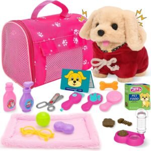 deAO Dog Toys for Kids Stuffed Dog Plush Toys with Carrier Cage,Pet Mat Pretend Play Puppy Pet Care Feeding Playset Toys Gifts for Boys Girls 3 4 5 6 Year Old