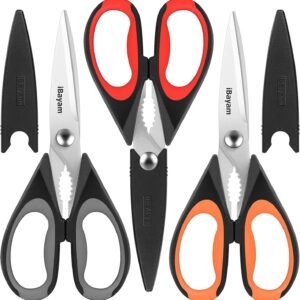 iBayam 3-Pack 8.5"Kitchen Scissors All Purpose Heavy Duty with Protective Sheath, Soft Grip Comfort Handle, Dishwasher Safe Kitchen Utensils Gadgets Set, Stainless Cooking Meat Poultry Food Shears