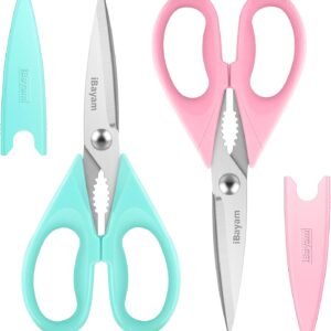 iBayam Kitchen Scissors - All Purpose Heavy Duty Meat Scissors, Poultry Shears, Dishwasher Safe, Stainless Steel, 2-Pack, Pastel Pink, Mint Blue