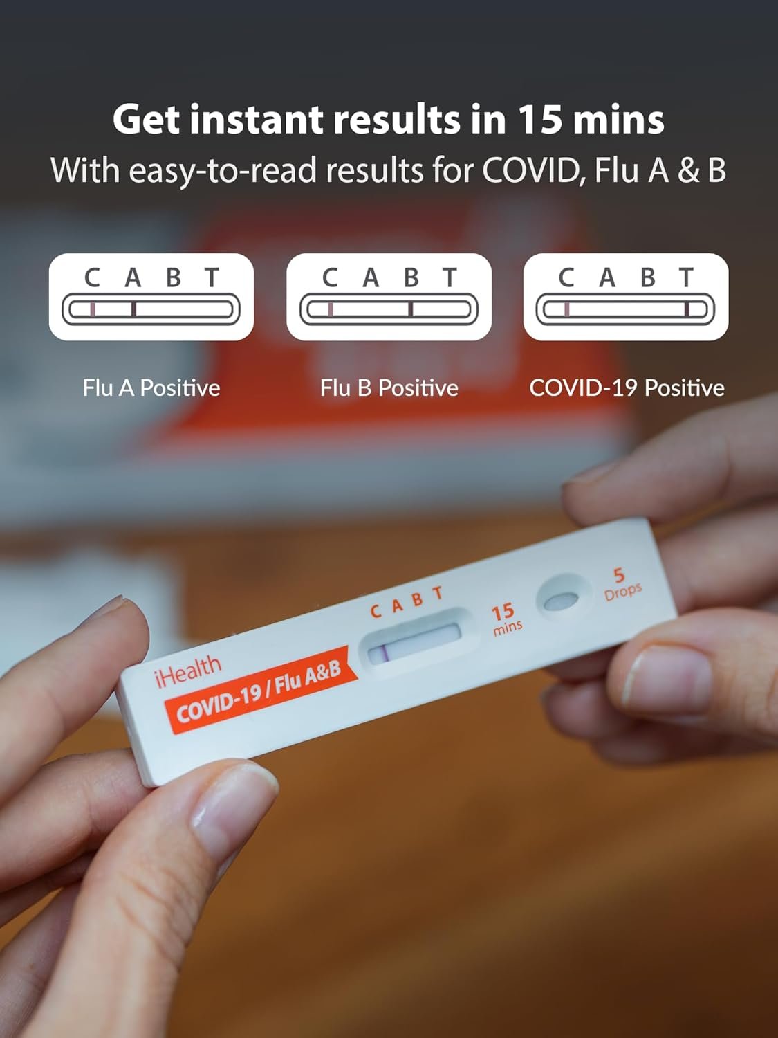 iHealth COVID-19, Flu A&B 3-in-1 Antigen Rapid Test, Results in 15 Minutes, FDA Authorized OTC Flu & COVID Home Test, with Non-invasive Nasal Swab, Easy to Use & No Discomfort (1 Pack, 2 Tests Total) - Image 2