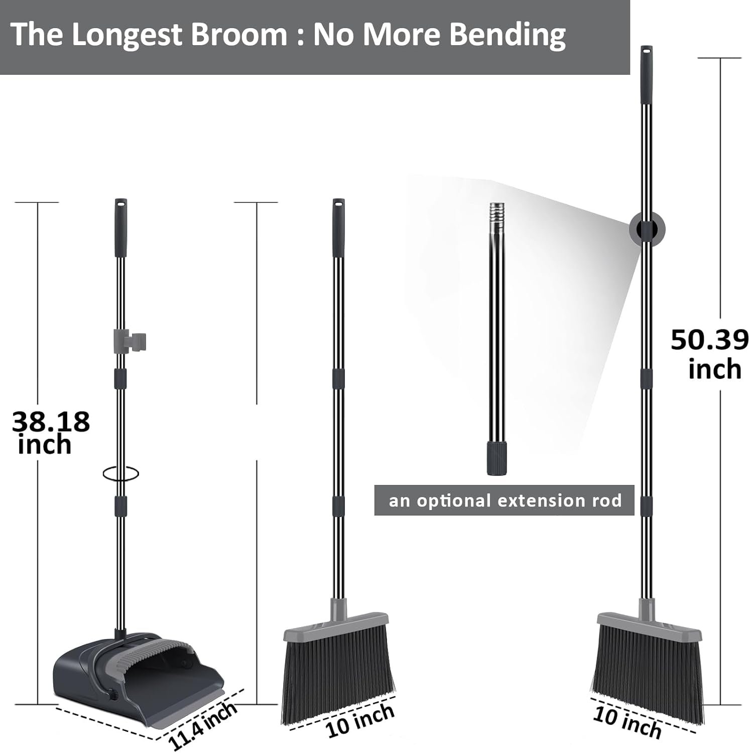 kelamayi Broom and Dustpan Set for Home, Office, Indoor&Outdoor Sweeping, Stand Up Broom and Dustpan (Black&Gray) - Image 2