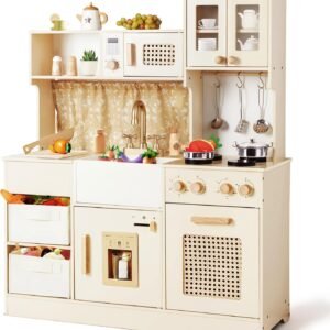 labebe Play Kitchen for Toddlers with Storage Boxes, Wooden Kids Toy Kitchen Set with Realistic Accessories, Pretend Play Gift for 3+ Year Old Girls Boys