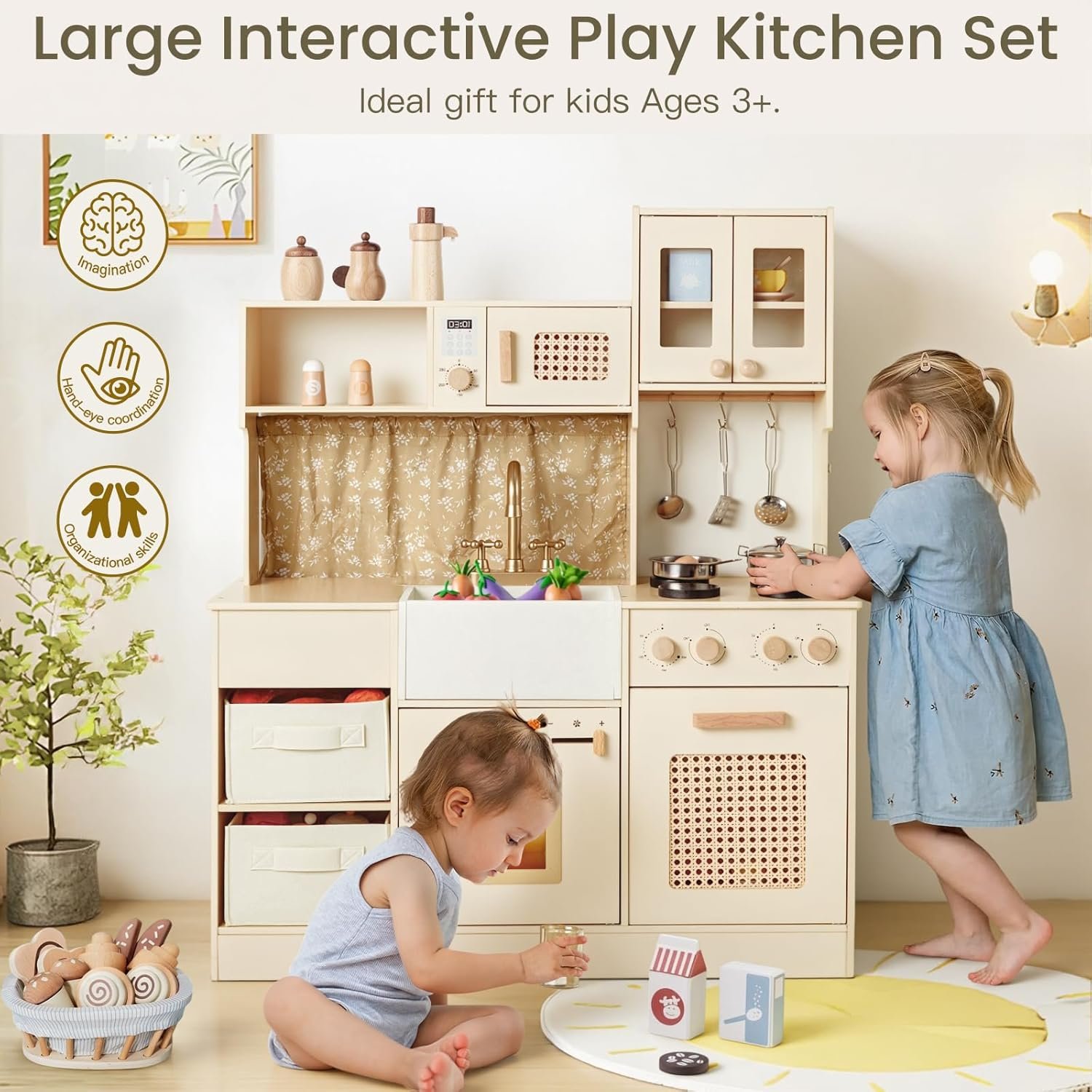 labebe Play Kitchen for Toddlers with Storage Boxes, Wooden Kids Toy Kitchen Set with Realistic Accessories, Pretend Play Gift for 3+ Year Old Girls Boys - Image 2