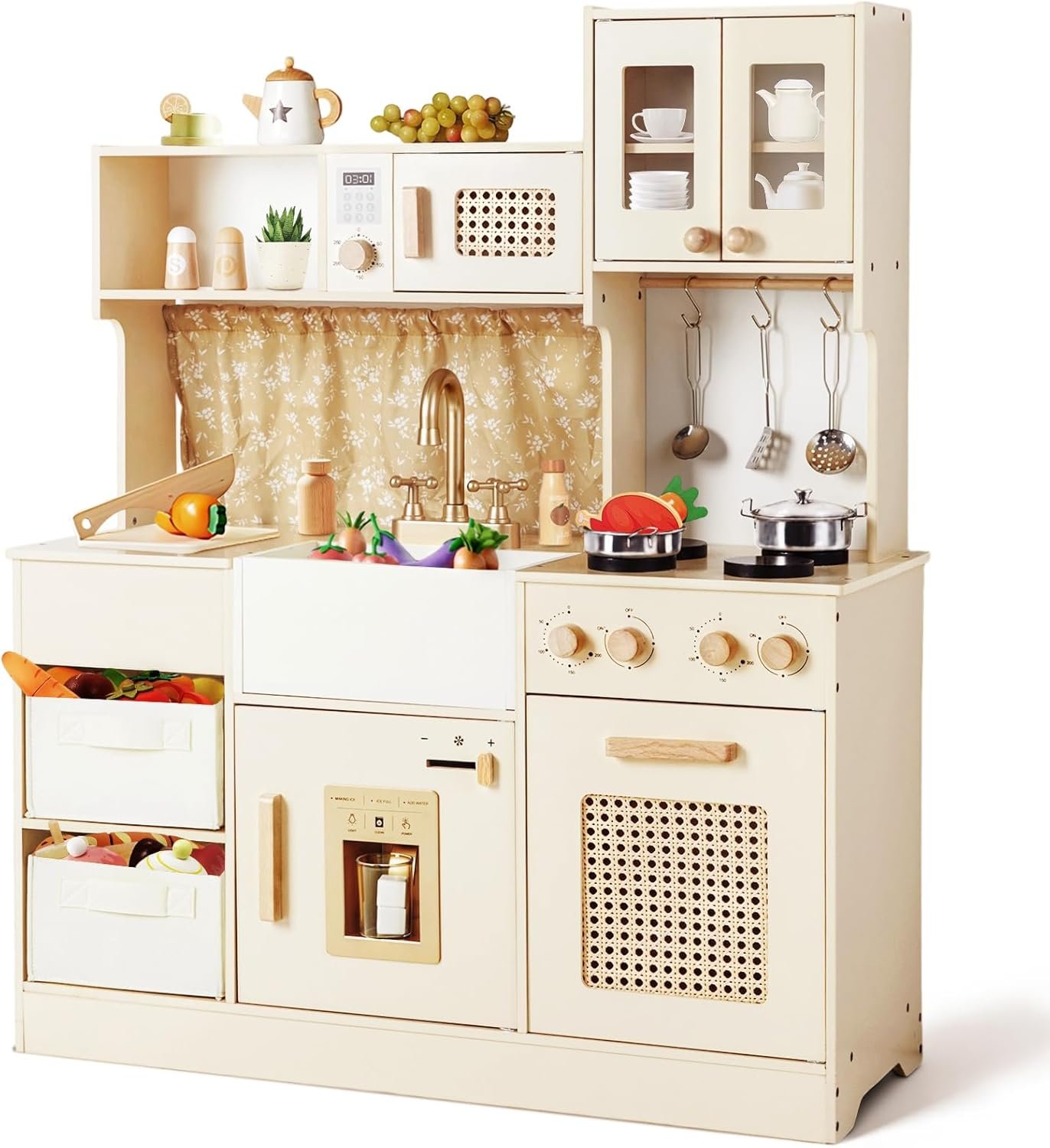 labebe Play Kitchen for Toddlers with Storage Boxes, Wooden Kids Toy Kitchen Set with Realistic Accessories, Pretend Play Gift for 3+ Year Old Girls Boys