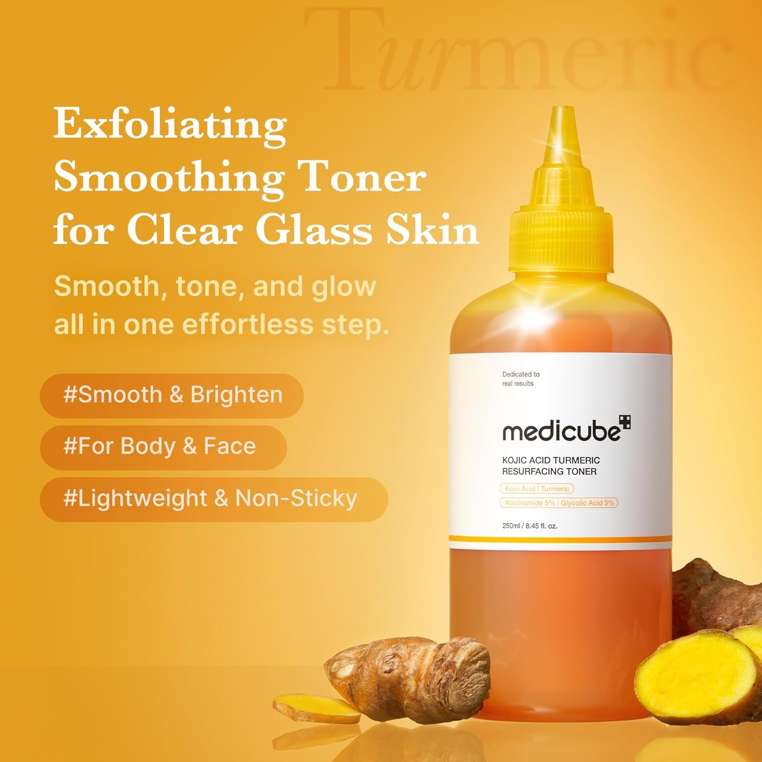 medicube Kojic Acid Turmeric Smoothing Toner for Face & Body | Lightweight Toner for Balancing Uneven Skin Tone & Texture | Niacinamide, Glycolic Acid for Clear Glass Skin | 8.45 fl.oz - Image 2