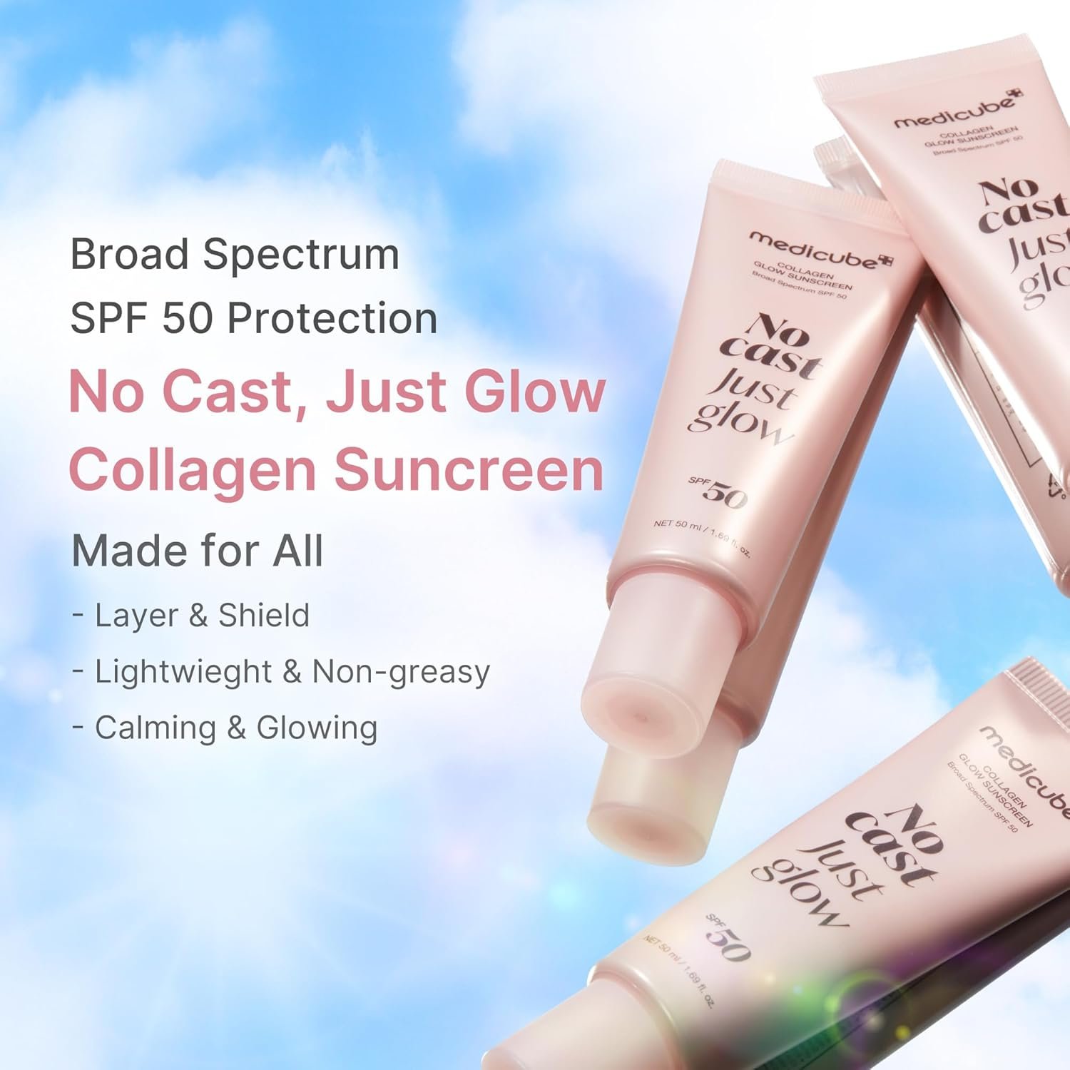 medicube No Cast Just Glow Collagen Sunscreen | SPF 50 Broad Spectrum Face Sunscreen | Lightweight, Non-Sticky, Hydrating Formula | Peptide, Cica for Soothing & Glow | Korean Skincare - Image 2