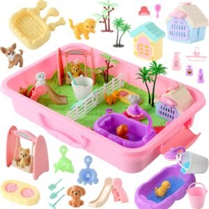 sikmcle 36 PCS Pet Sensory Bin Moldable Sensory Sand Kit and Sandbox with Lid Dog and Cat Toddler Toys for Kids Gifts for Boys and Girls