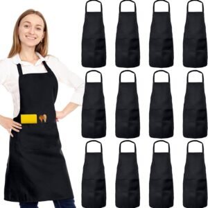 12 Pack Bib Apron, Unisex Restaurant Kitchen Aprons for Women with 2 Pockets, Chef Aprons for Cooking Men BBQ Painting Drawing Craft Plain Adults, Bulk Black