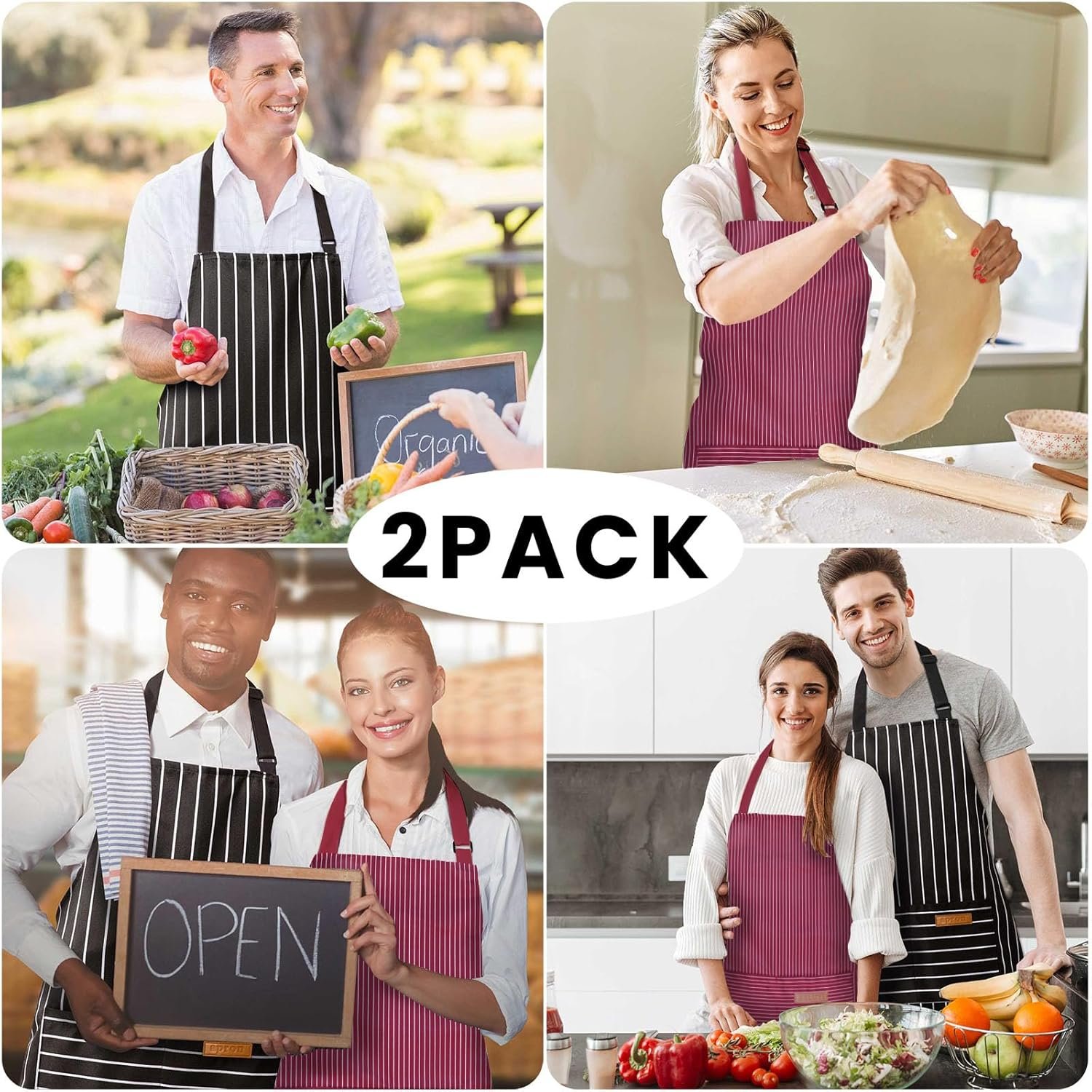 2 Pack Adjustable Bib Apron with 2 Pockets Chef Cooking Kitchen Restaurant Aprons for Women Men - Image 7