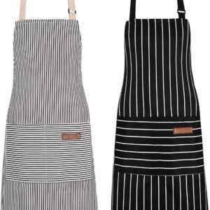 2Pack Adjustable Kitchen Apron for Women Men with 2 Pockets，Cotton-Polyester Blend Bib Aprons for Cooking,Baking