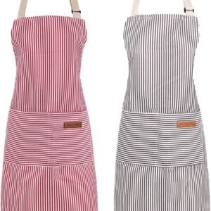 2 Pack Cooking Aprons Adjustable Bib Apron for Women with 2 Pockets, Kitchen Restaurant Men Chefs Aprons