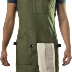 Asaya Chef and BBQ Apron with Bottle Opener and Hand Towel - 10oz Cotton Canvas, Stainless Steel Hardware - Cross Back Straps