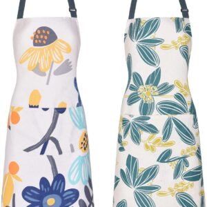 2 Pack Floral Apron for Women with Pockets, Adjustable Cotton Chef Aprons for Kitchen, Cooking, BBQ & Grill