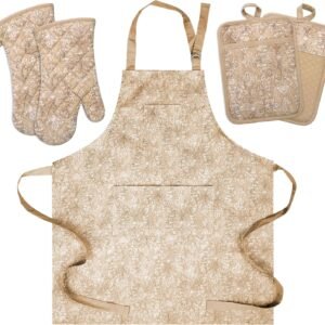 Oven Mitts and Pot Holders with Cooking Apron Set of 5, Heat Resistant Kitchen Gloves and Silicone Non-Slip Potholders, Adjustable Neck Buckle Chef Apron, Cotton Nice Design for Cooking (Tawny)