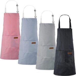Handepo 4 Pcs Kitchen Aprons with Pockets Adjustable Waterproof Cotton Aprons Striped Apron for Women Men Chef Mother Gift