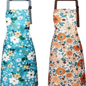 Floral Apron Women, 2 Pack Aprons for Women with Pockets, Waterproof Kitchen Apron Aprons for Cooking, Baking