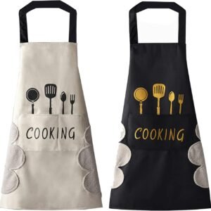 DILLMAN Women Kitchen Apron with Hand Wipe Pockets，Big Pocket,Hand-wiping, Waterproof for Cooking Baking