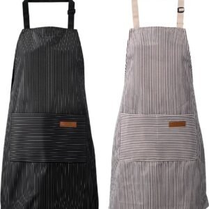 2 Pack Kitchen Aprons, Apron for Cooking with 2 Pockets, Unisex Adjustable Neck Strap Chef Aprons for Men Women Durable Striped Apron Set for Kitchen, Baking, Grilling and Daily Use