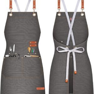 Teskyer Kitchen Cooking Apron with Pockets, Water Oil Resistant, Canvas Cross Back Aprons for Men Women Chef Server