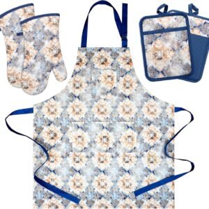 Oven Mitts and Pot Holders with Cooking Apron Set of 5, Heat Resistant Kitchen Gloves and Silicone Non-Slip Potholders, Adjustable Neck Buckle Chef Apron, Cotton Nice Design for Cooking (Blue Retro)