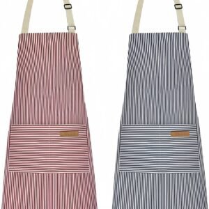 NLUS 2 Pack Kitchen Cooking Aprons, Adjustable Bib Soft Chef Apron with 2 Pockets for Men Women (Blue Pinstripes/Pink Pinstripes)