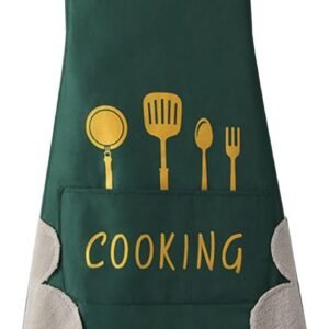 10-piece set Kitchen Apron with Hand Wiping Pockets, Large Storage Pocket, Waterproof Design for Cooking and Baking (Green knife and fork)