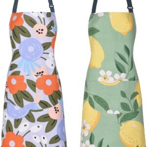 2 Pack Floral Apron for Women with Pockets, Adjustable Cotton Chef Aprons for Kitchen, Cooking, BBQ & Grill