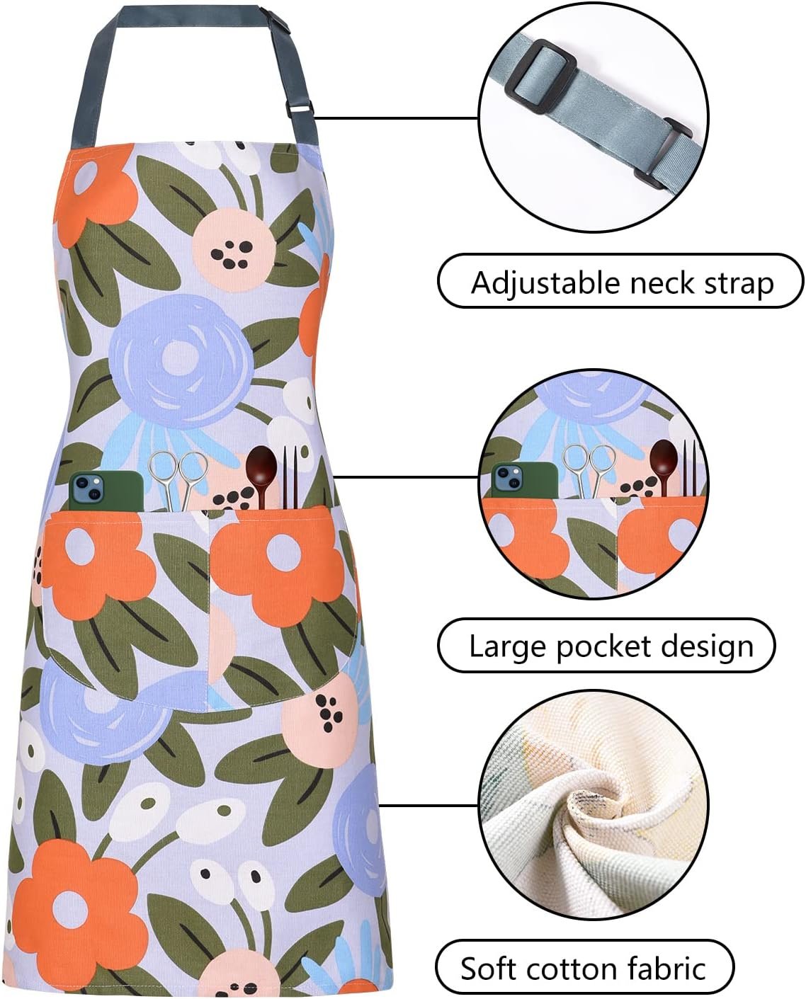 2 Pack Floral Apron for Women with Pockets, Adjustable Cotton Chef Aprons for Kitchen, Cooking, BBQ & Grill - Image 3