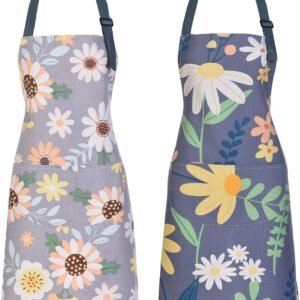2 Pack Floral Apron for Women with Pockets, Adjustable Cotton Chef Aprons for Kitchen, Cooking, BBQ & Grill