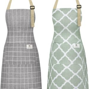 2 Pieces Aprons for Women with Pockets, Cotton Linen Waterproof Kitchen Cooking Aprons, Chef Apronfor Men Women with Adjustable Neck Strap and Long Ties(Grey/Green)