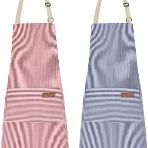 2Pack Adjustable Kitchen Apron for Women Men with 2 Pockets，Cotton-Polyester Blend Bib Aprons for Cooking,Baking