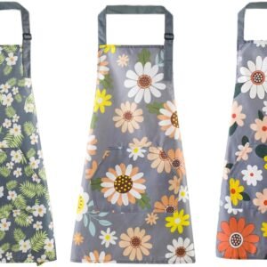 3 PCS Floral Aprons with Pockets, Womens Waterproof Apron with Adjustable Cooking Aprons,Chef Aprons for Cooking, Baking, Gardening, BBQ & Grill