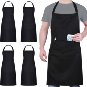 4 Packs Chef Apron, Black Waterproof Apron, Adjustable Aprons with 2 Pockets for Men Women, Professional Aprons for Kitchen Cooking Gardening Painting Baking Restaurant (Black)